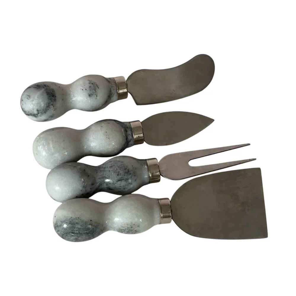 Cheese Spreader Charcuterie Set Gray/White Polished Marble Stainless Steel 5.5